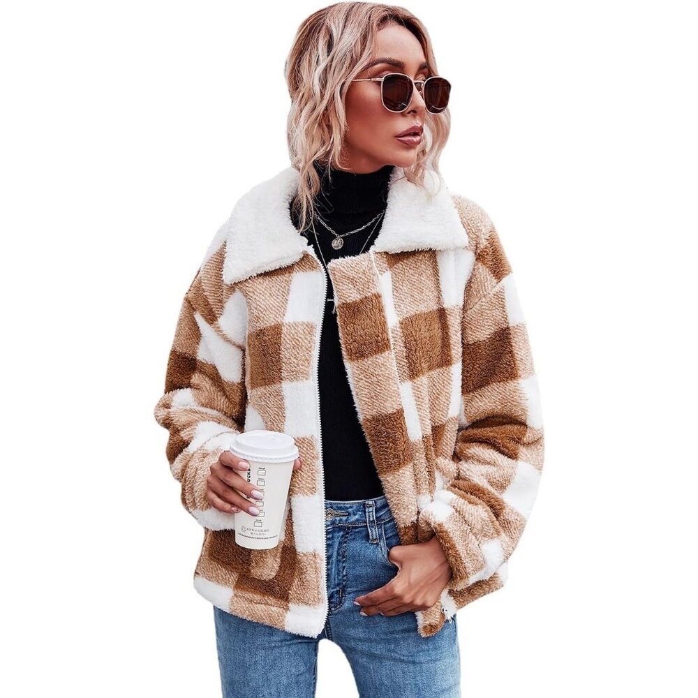 〽️Women's Classic Brown White Plaid Fleece Oversized Outwear Coat Warm Jacket